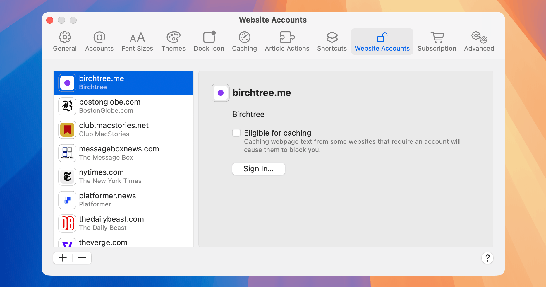 An Unread Settings window on Mac with the Website Accounts pane selected. The left side of the pane shows a list of websites with accounts. One website is selected. The right side shows a “Sign In” button for the selected website and an “Eligible for caching” checkbox for the selected website.