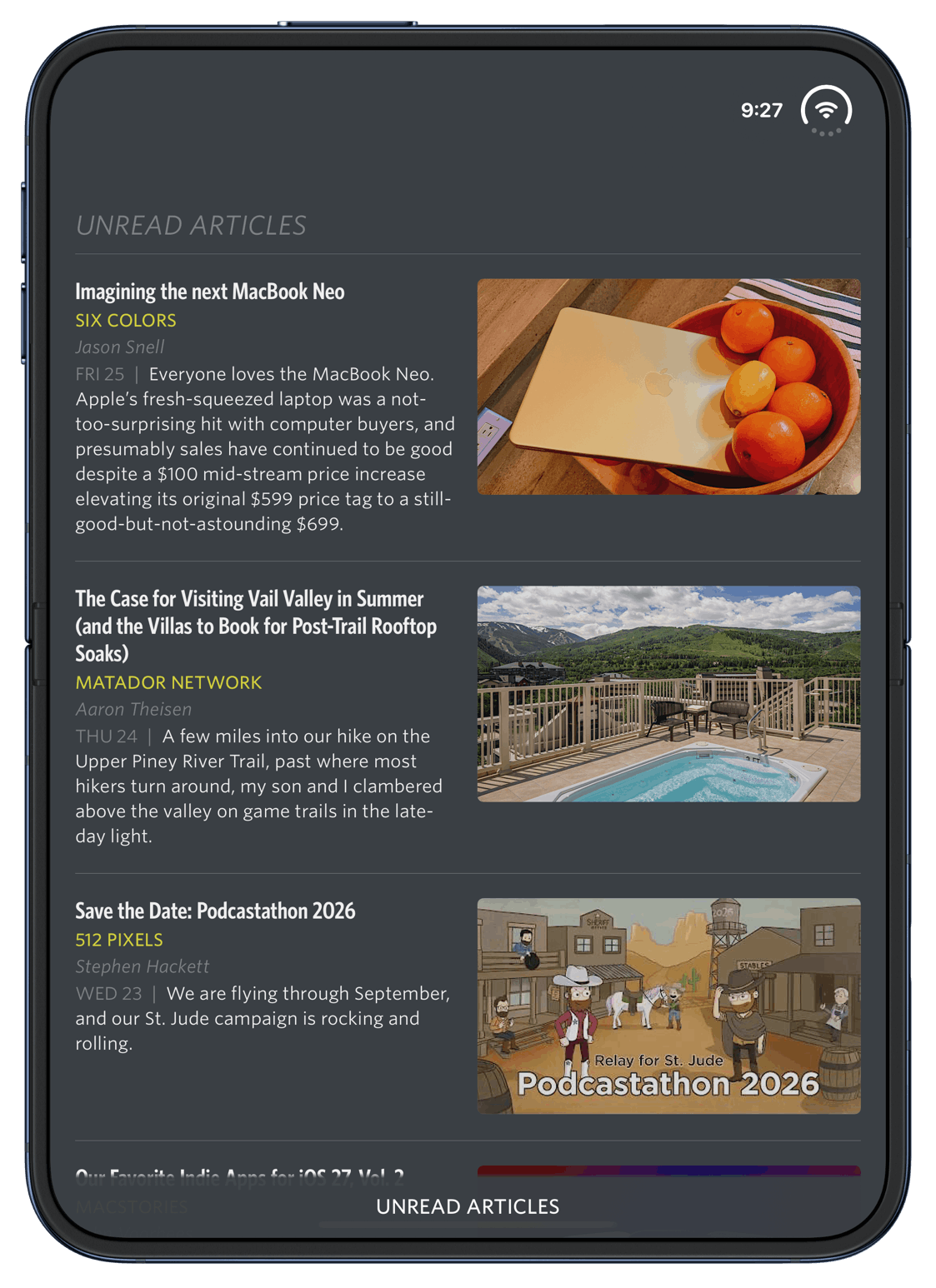 An article list on an open iPhone Duo