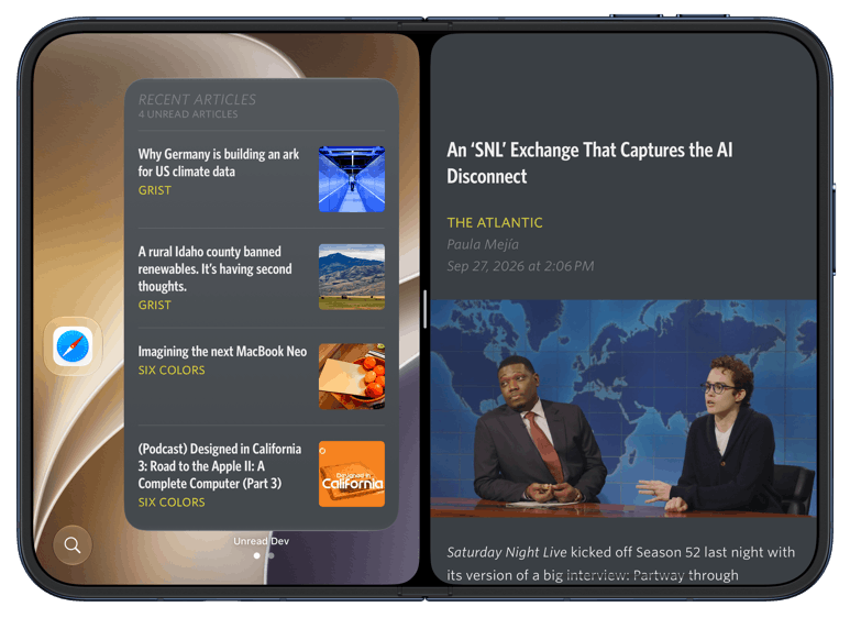 The home screen with an Unread widget on the left, and Unread on the right