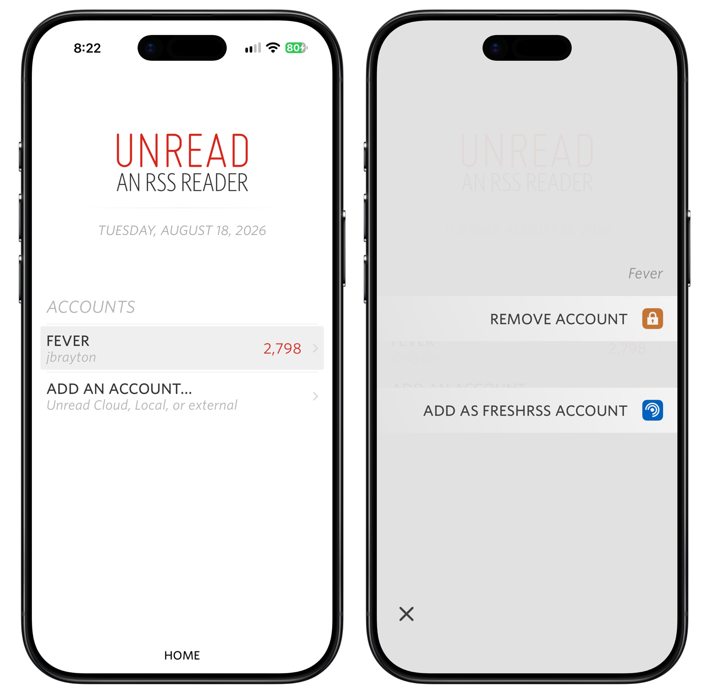 The left side of the image shows an iPhone home screen with a Fever account. The right side of the image shows the menu that appears when the user long presses that Fever account. That menu includes an &ldquo;Add as FreshRSS Account&rdquo; menu item.