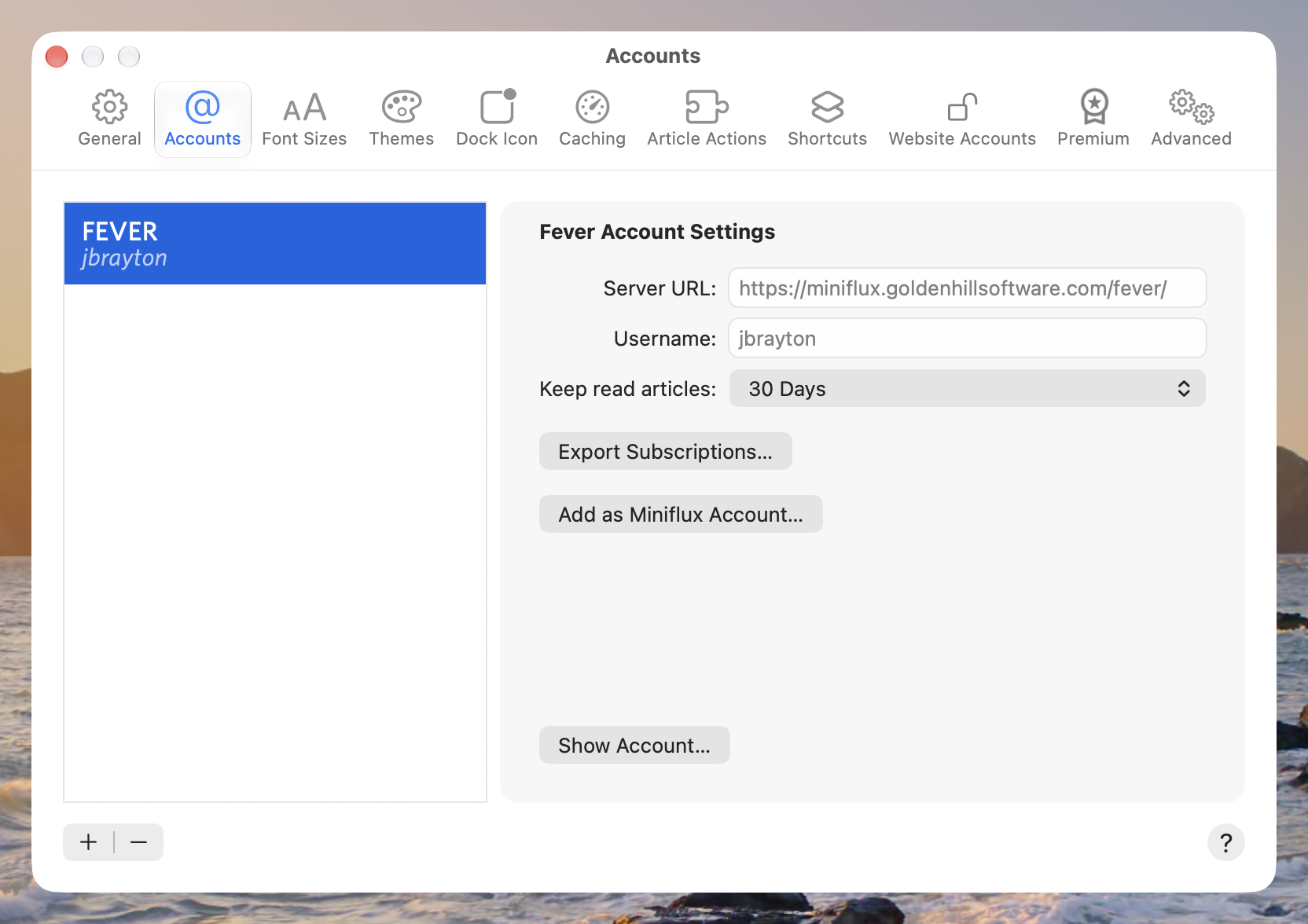 The Accounts pane of the Settings window. On the left there is a Fever account. The detail view for that account on the right shows an &ldquo;Add as Miniflux Account&rdquo; button.