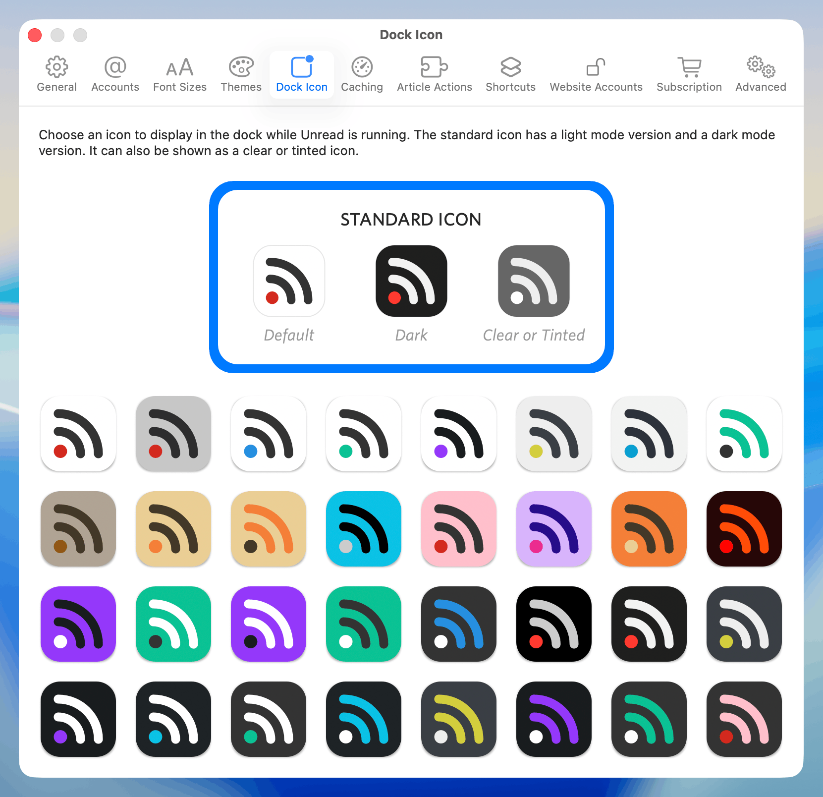 The Unread Settings window on Mac, open to the Dock Icon pane. The window shows the standard icon selected. It has a default, dark, and clear or tinted icons. The 32 alternative icon options are also shown.