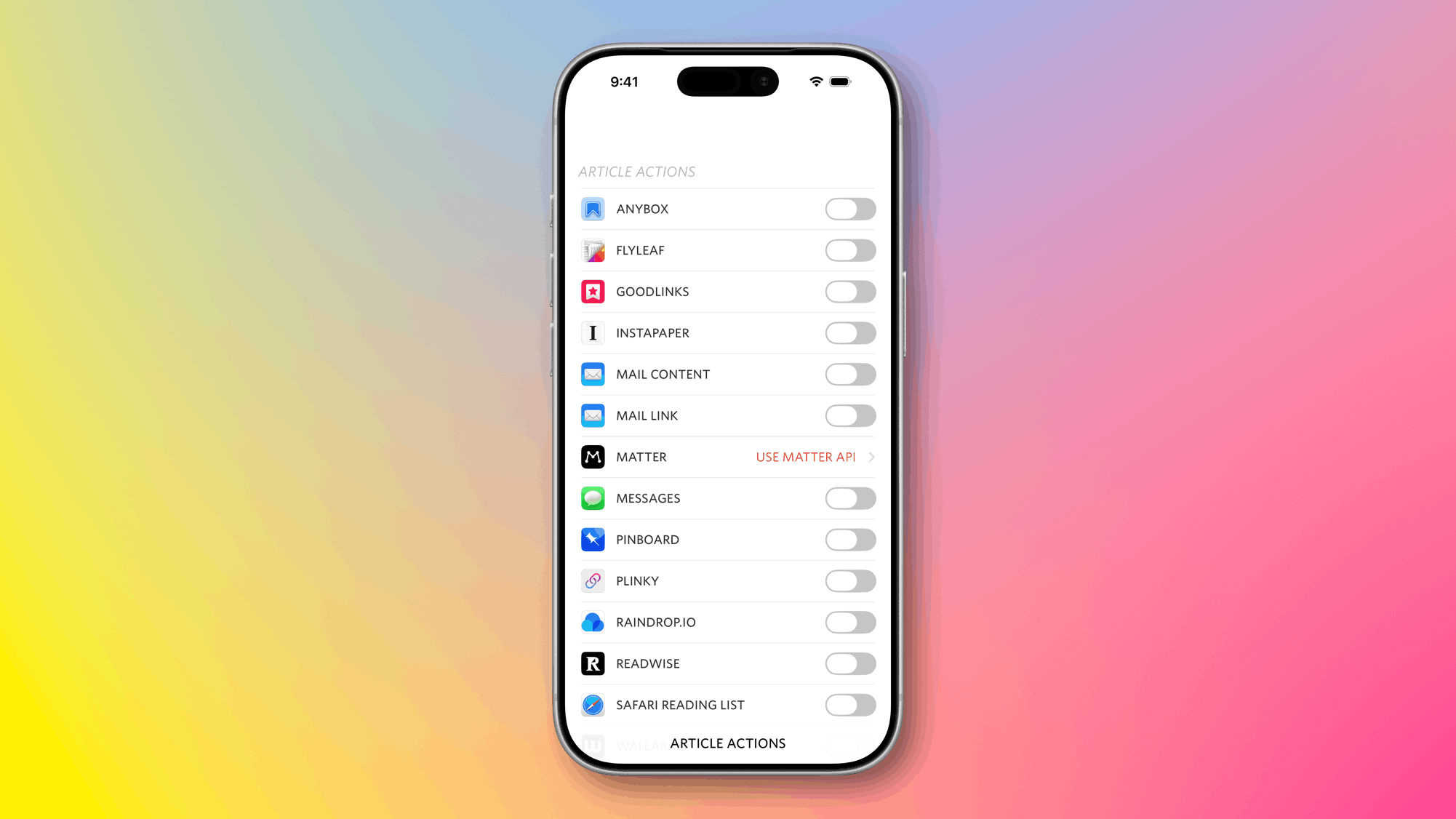 Screenshot of the Article Actions setting screen on iPhone. The screenshot shows the Matter article action set to use the Matter API.