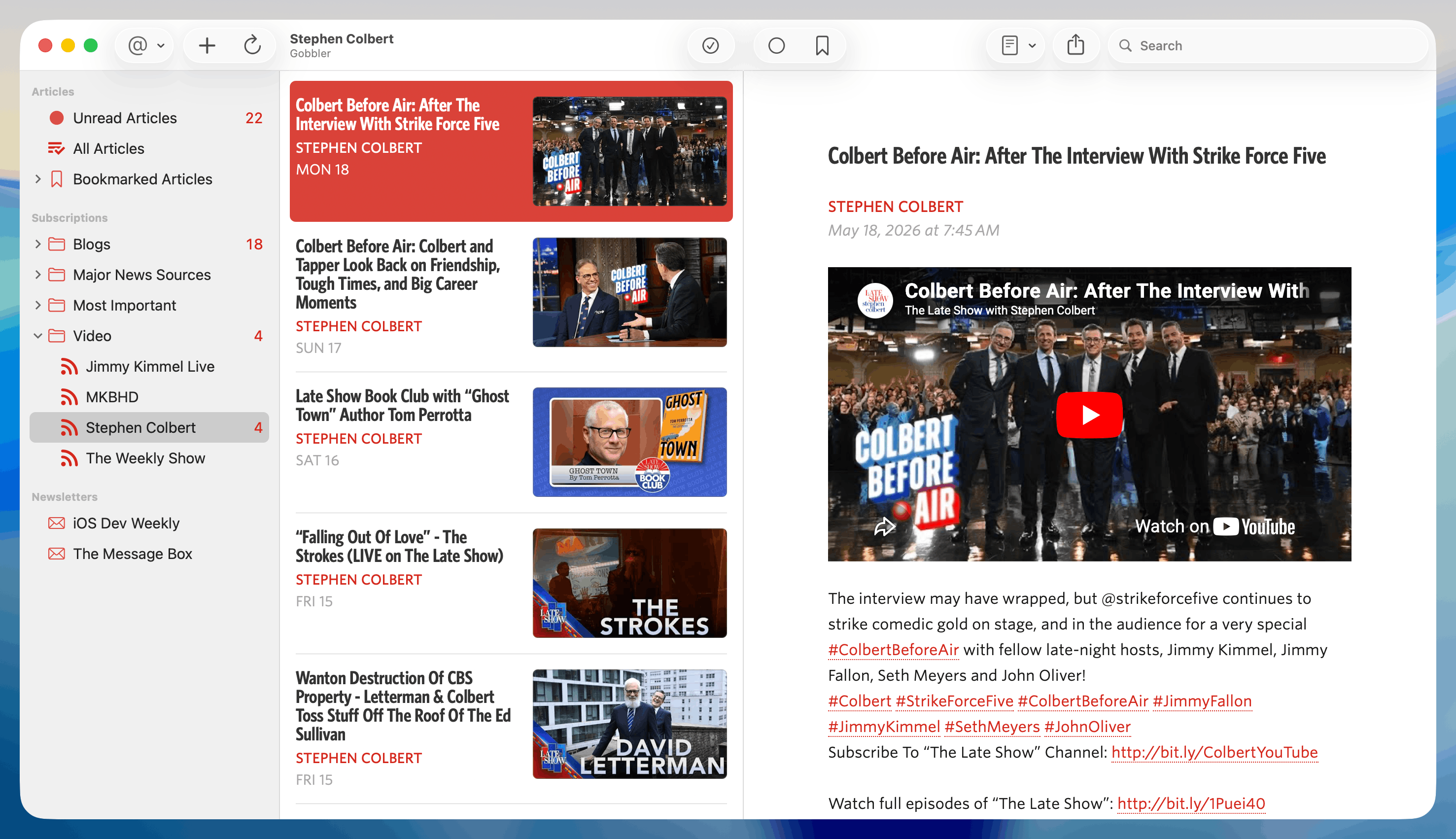 Unread for Mac showing a Gobbler account. The left pane shows a set of feed sources and newsletters. The middle pane shows a list of articles. The right pane shows an article.