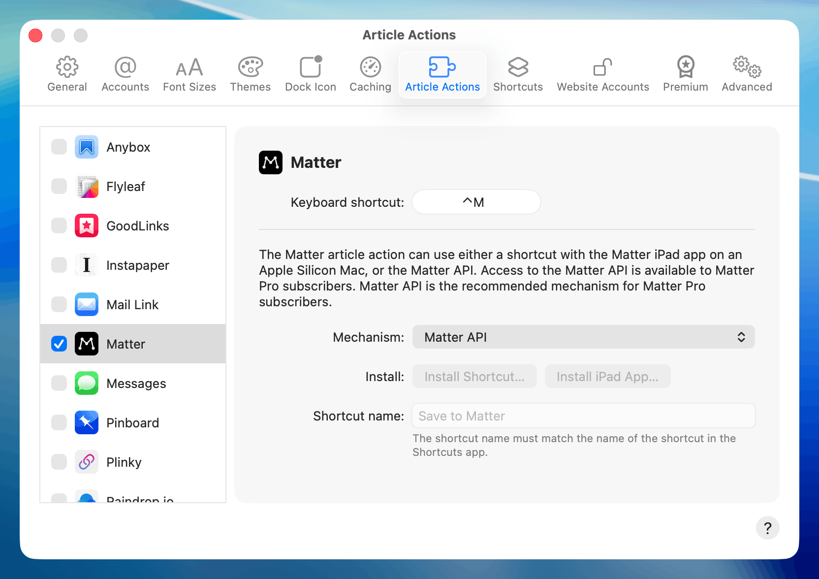 Screenshot of the Unread Settings window on Mac. The Article Actions tab is selected. The Matter article action is selected in the left pane. On the right pane, the Matter article action settings let one choose a Mechanism for the article action: either the shortcut or the Matter API
