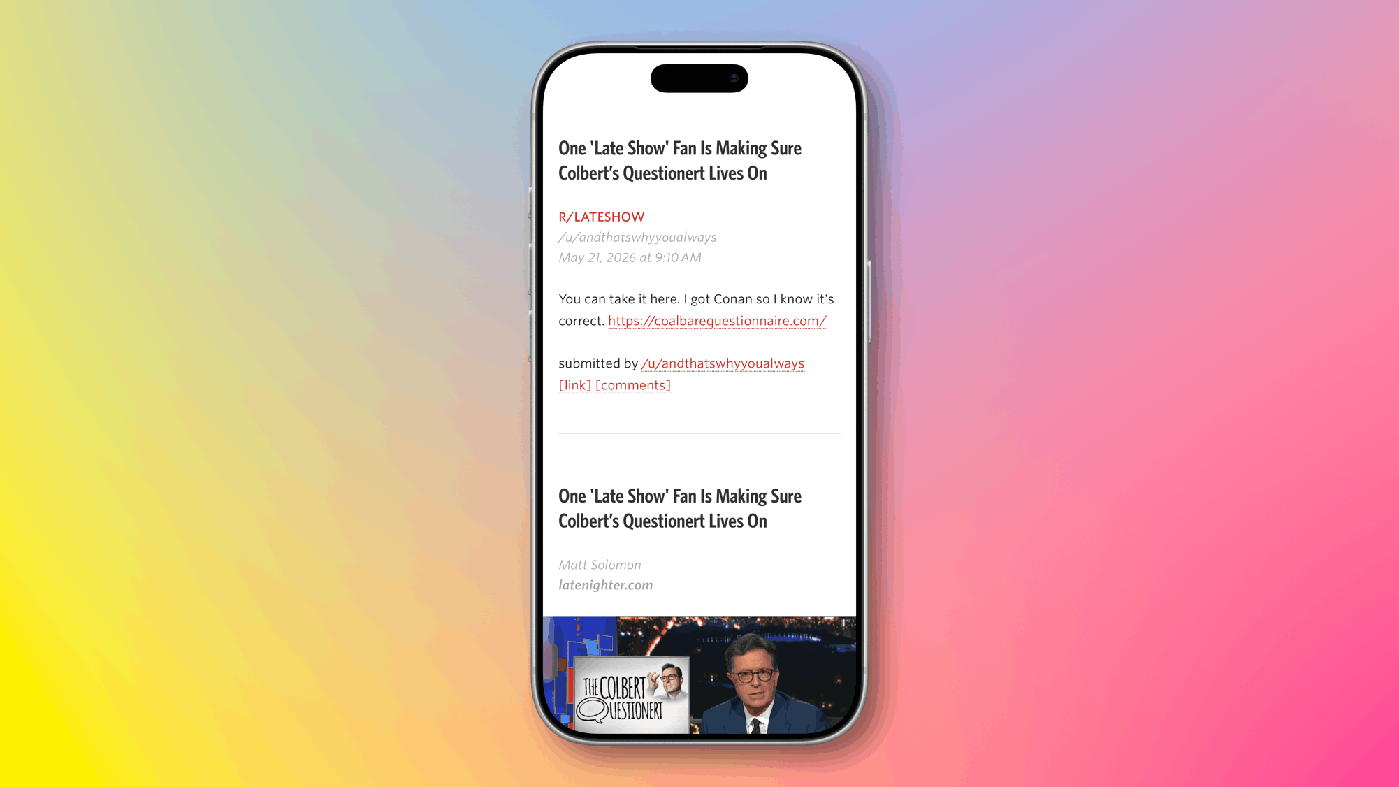 Unread on iPhone showing a Reddit post that links to an article. The top of the screen shows the original Reddit post. Below it is the content of the linked article.