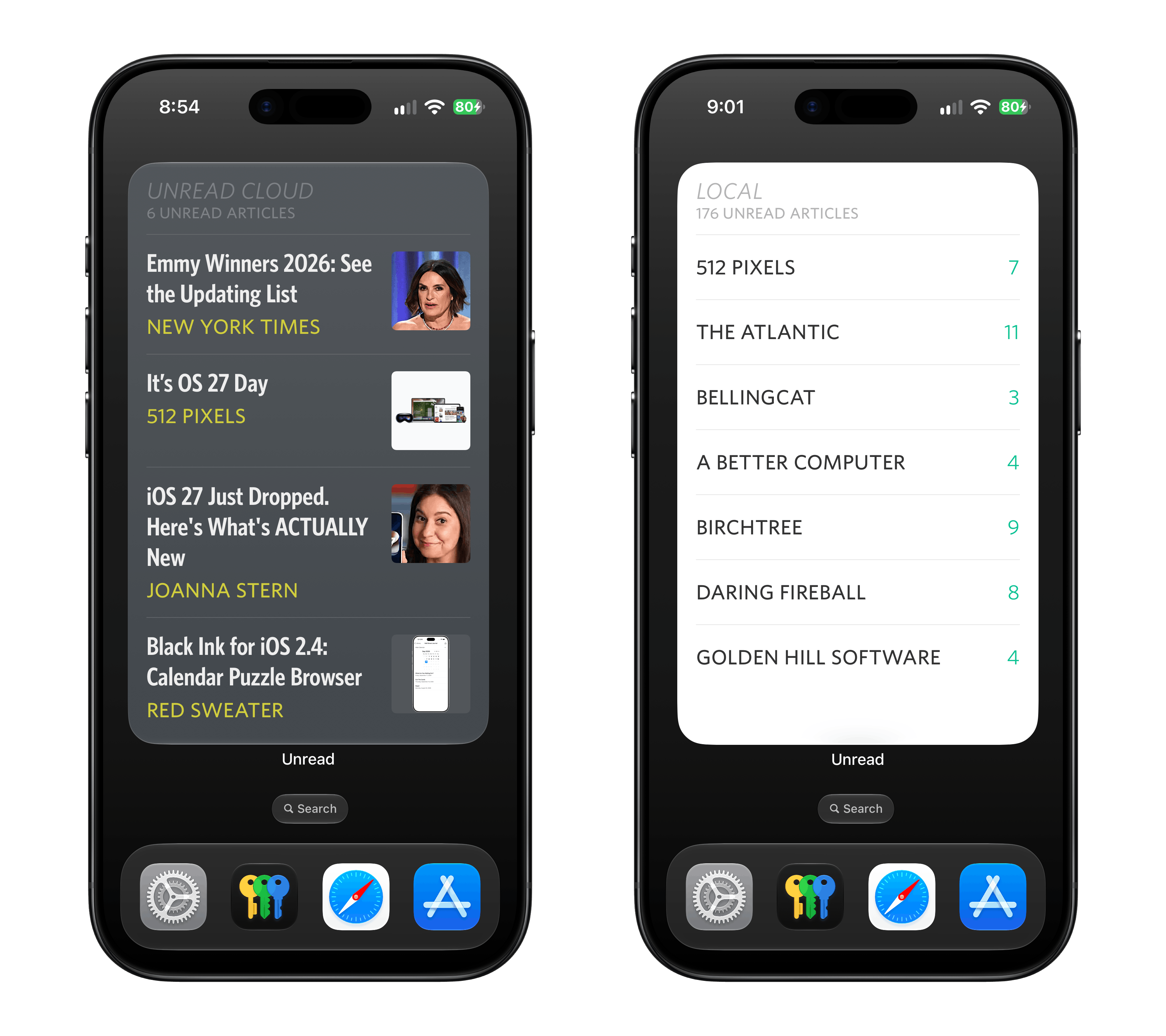 Two iPhones next to each other. The iPhone on the left shows a full height Articles widget. The iPhone on the right shows a full height Unread Counts widget. Each widget takes up most of the space on the home screen, leaving space only for the status bar, the dock, and the search button.