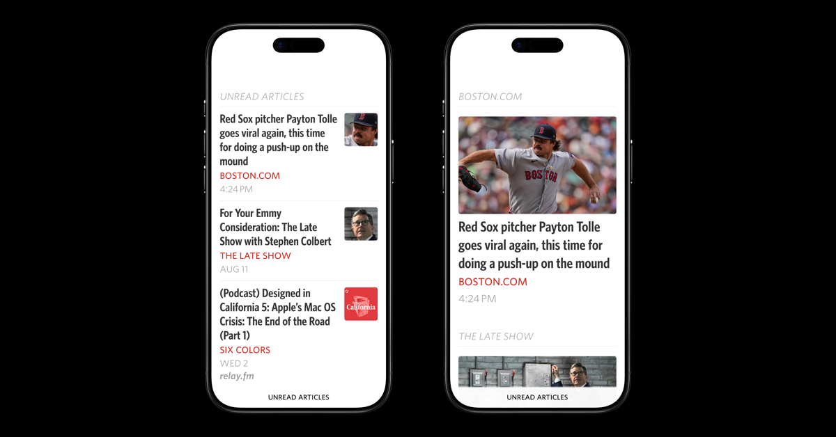 Two iPhones showing the same article list. The first one is showing the article list in a compact format with small image thumbnails that zoom in on the focus of the image. The second one is showing the article list in expansive format, with larger thumbnails that show more of the original image.