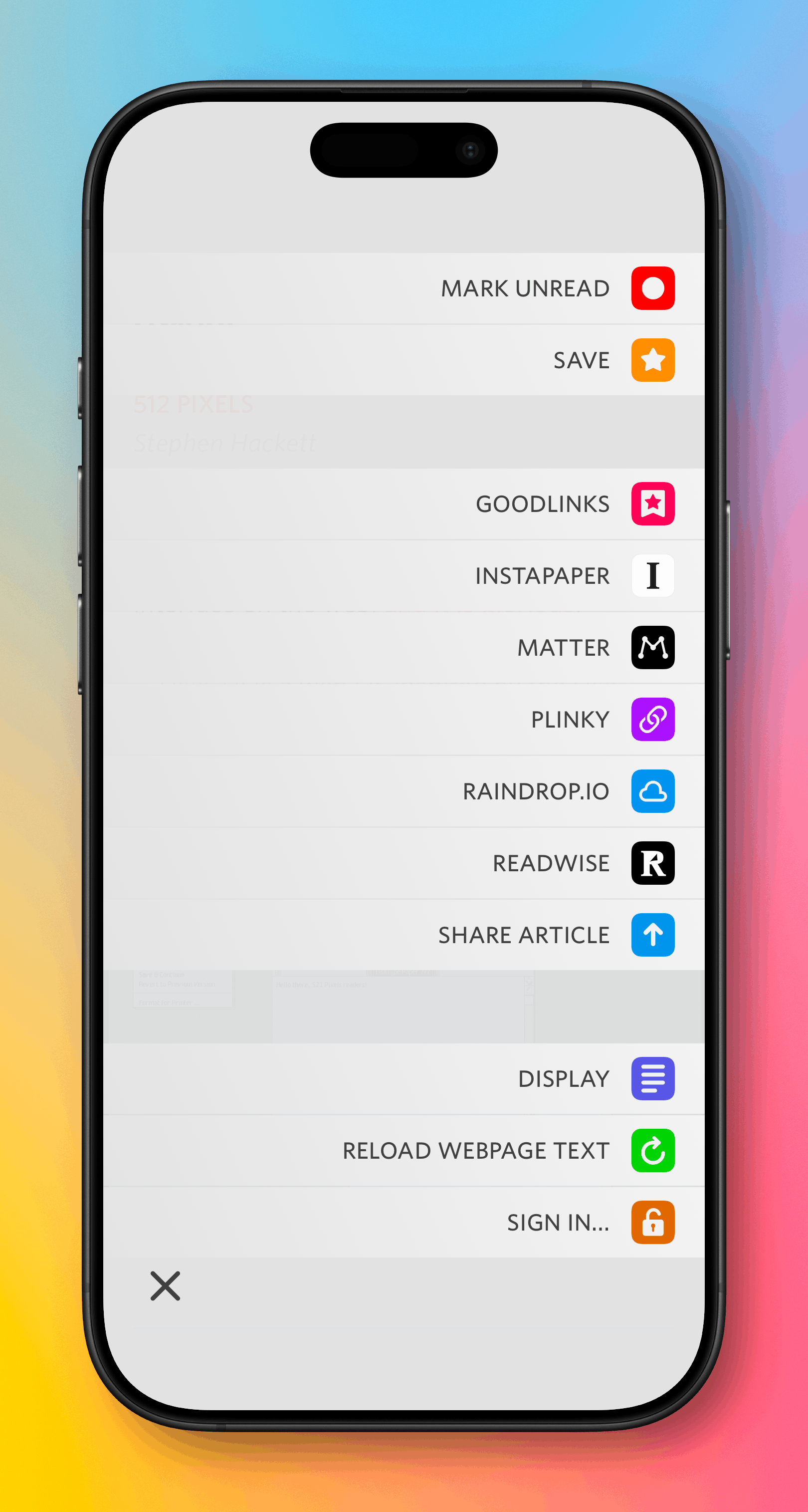 An iPhone menu showing article actions for GoodLinks, Instapaper, Matter, Plinky, Raindrop.io, and Readwise.