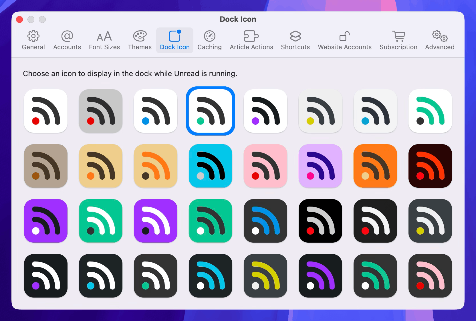 An Unread Settings window on Mac with the Dock Icon pane selected. That pane shows 32 different icon options.