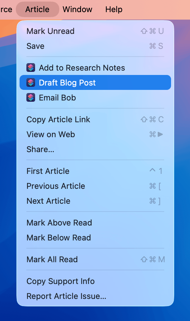 A menu for an article on Mac showing three shortcuts: Add to Research Notes, Draft Blog Post, and Email Bob.