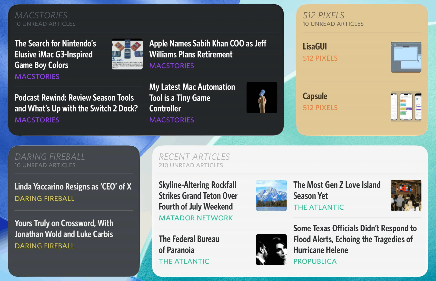 An extra large widget on the top left shows the four most recent MacStories articles. A large widget on the top right shows the two most recent 512 Pixels stories. A large widget on the bottom left shows the two most recent Daring Fireball stories. An extra large widget on the bottom right shows the four most recent articles across different websites.