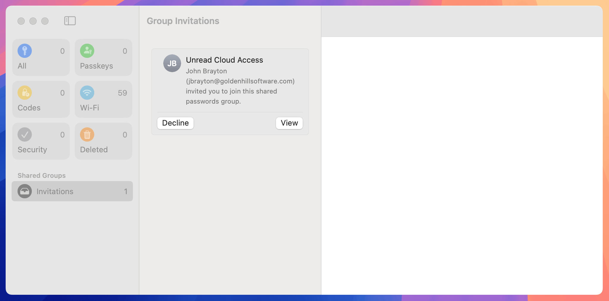 An Apple Passwords window on Mac. The sidebar shows Invitations under Shared Groups. That is selected. The middle column shows an invitation sent from another Apple Account.