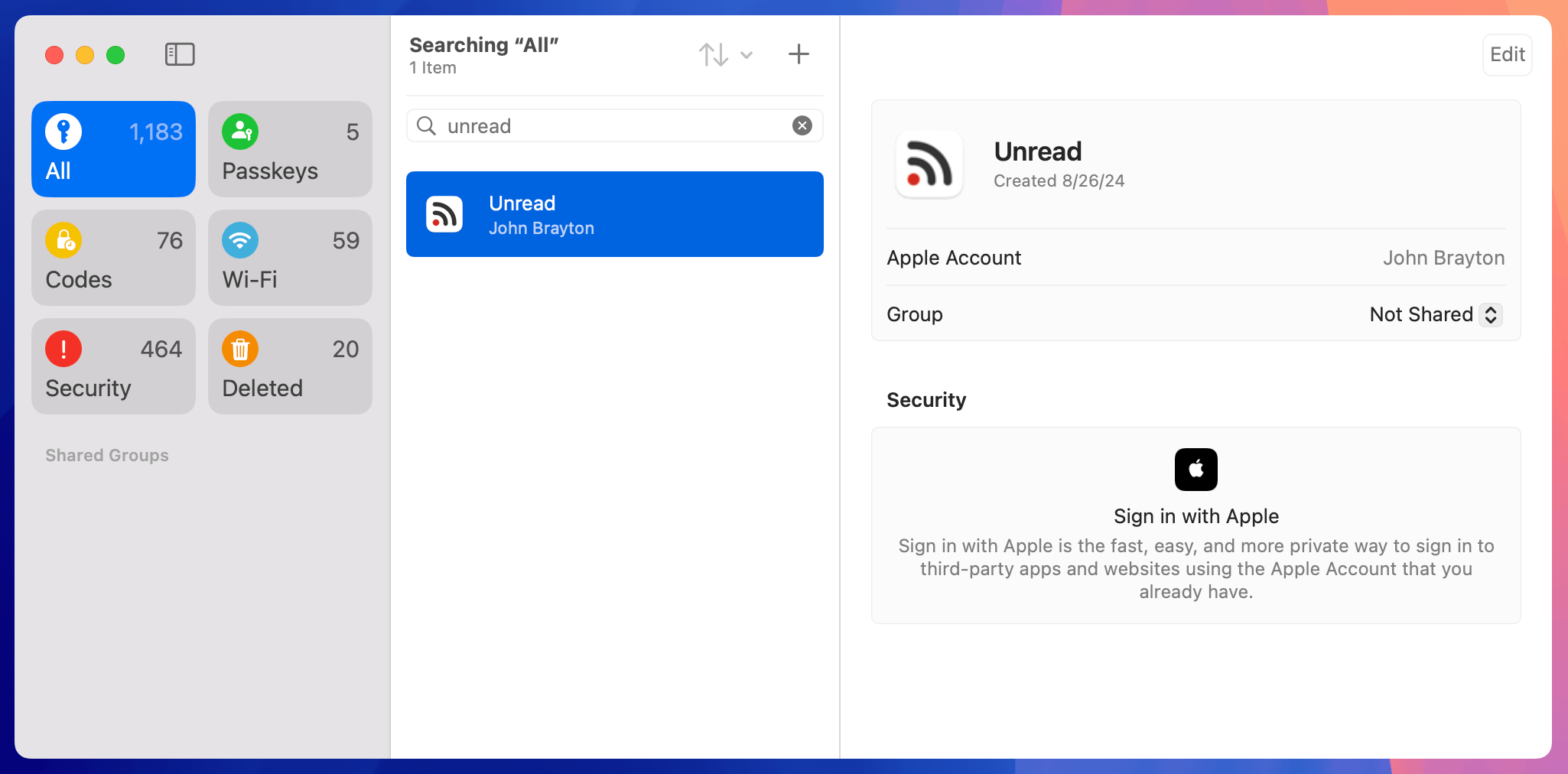 Screenshot showing Unread in the Passwords app. It shows me as the owner. A Group field indicates that the account is Not Shared.