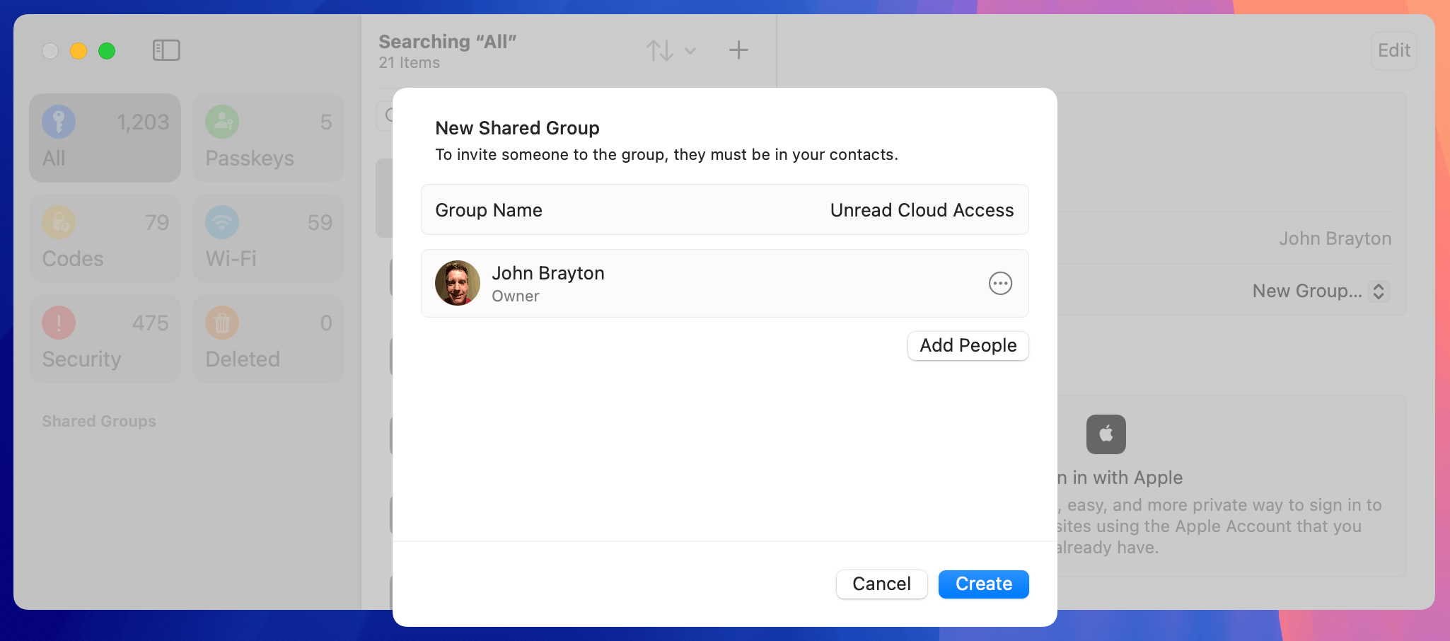 The New Shared Group screen lets you set the group name and invite people to that group.