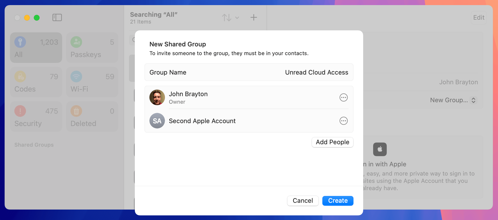 This is identical to the prior screenshot, except that a user with the name Second Apple Account has been added to the group.