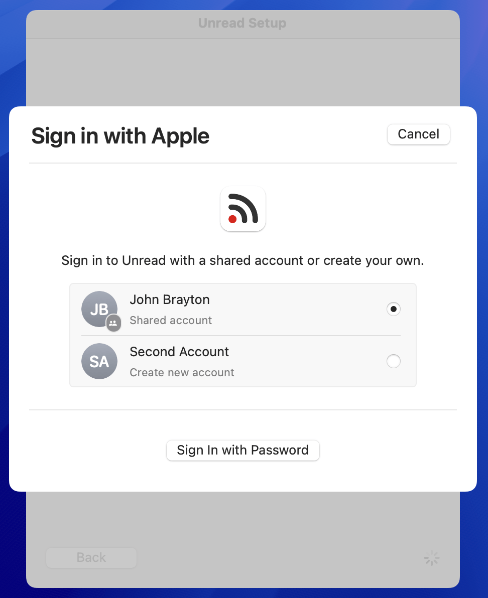 The Sign in with Apple screen shows the shared Unread Cloud account and the Apple Account to which I am logged in on that Mac.