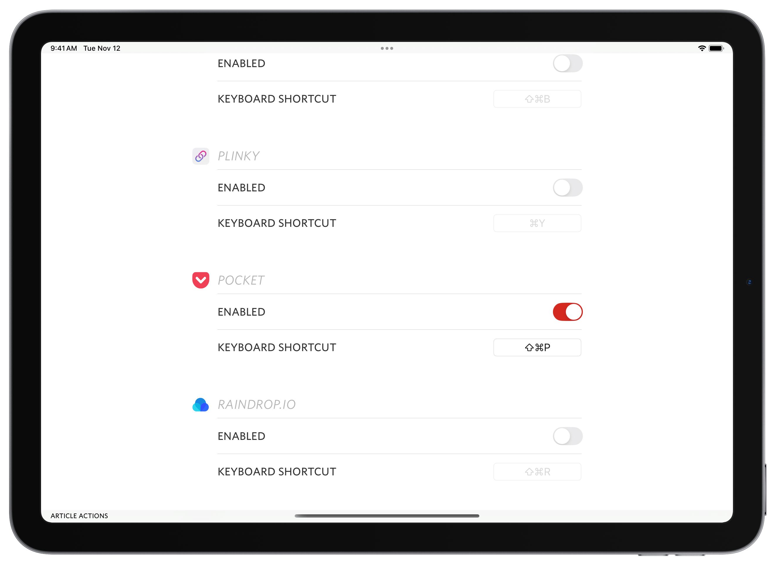 Article action settings on iPad, allowing you to set custom keyboard shortcuts for article actions.