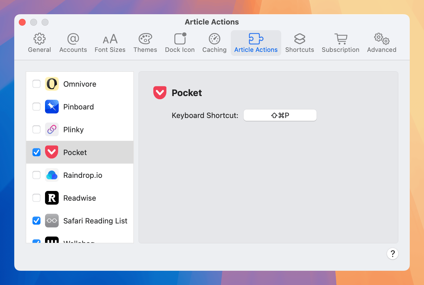 Unread Settings window on Mac allowing you to set a custom keyboard shortcut for an article action.