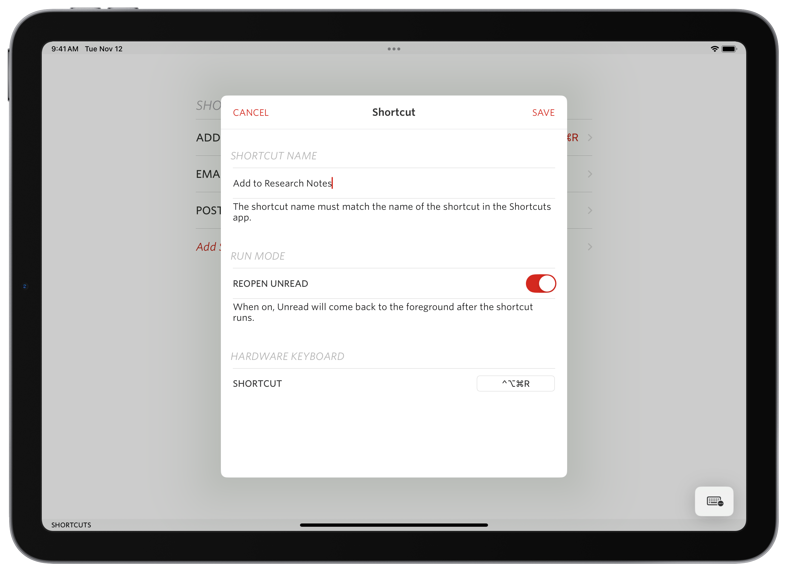 Shortcut settings on iPad allowing you to setup shortcuts.