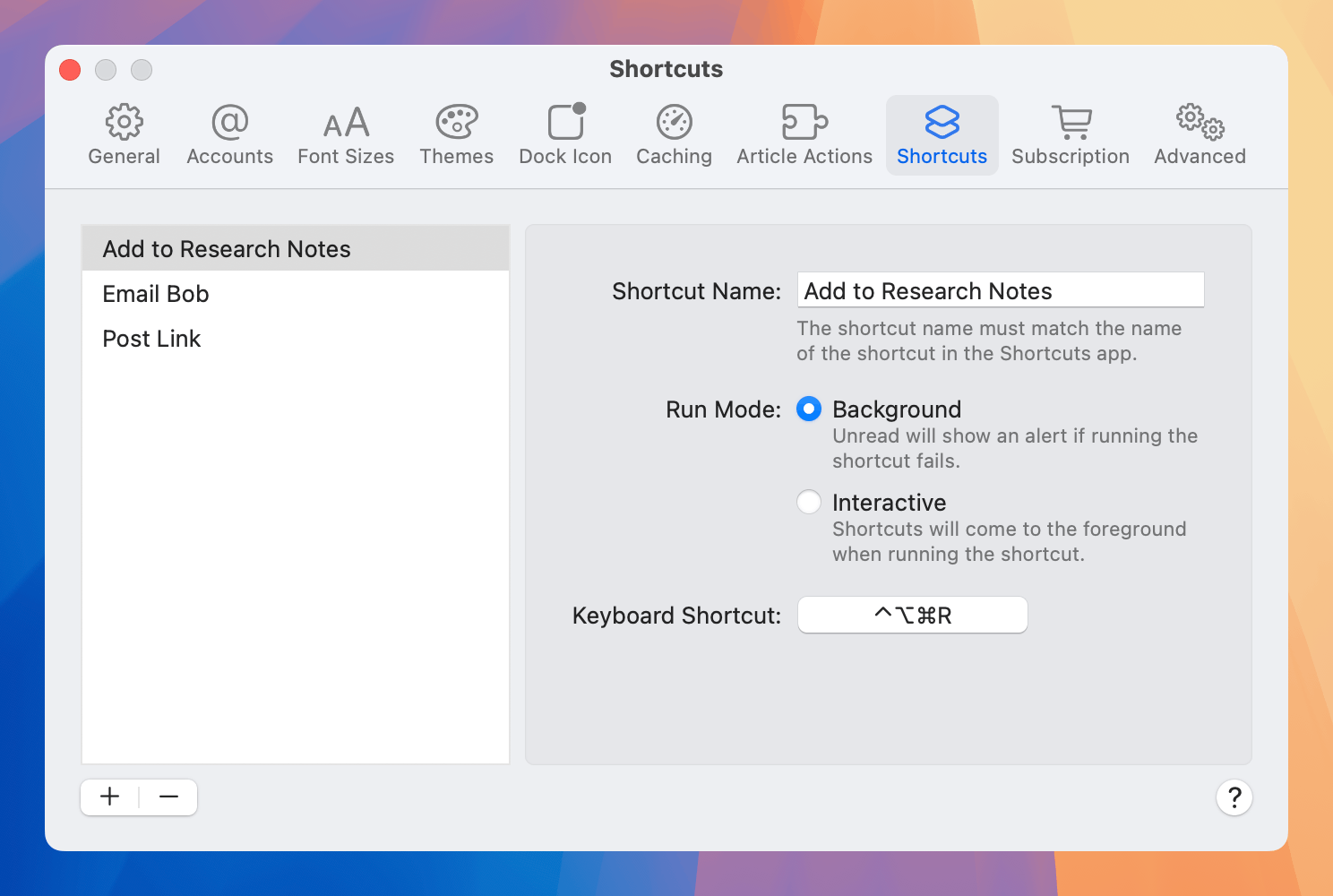 Unread Settings window on Mac allowing you to setup shortcuts.